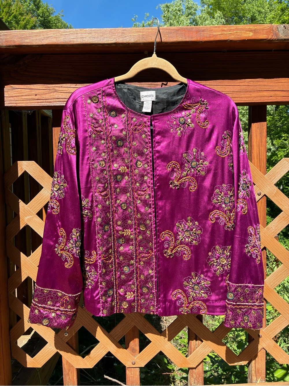 Small Chico's Magenta Beaded Satin Embellished Jacket